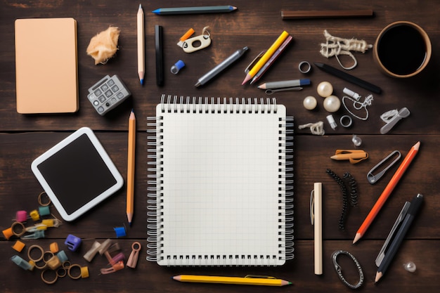 Various planning tools and notebooks arranged on desk